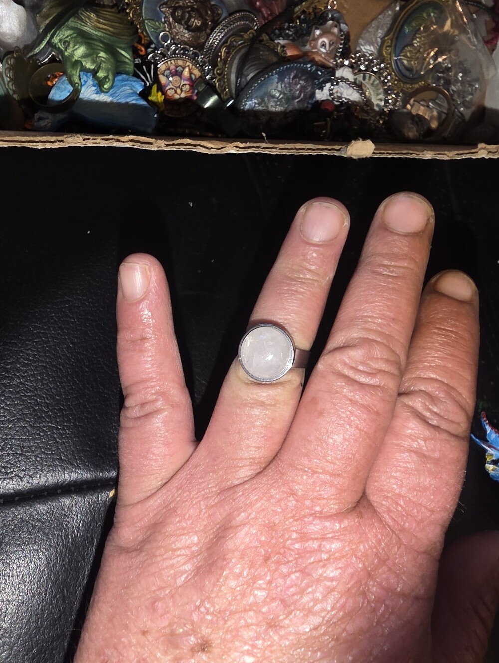 Moonstone Gemstone Ring On Silver Tone Bezel (12mm Cabochon) Adjustable